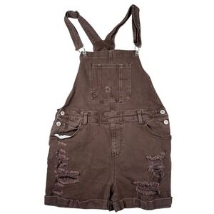 Brown Distressed Denim Shortalls Womens Large Ripped Bib Overalls Shorts Grunge
